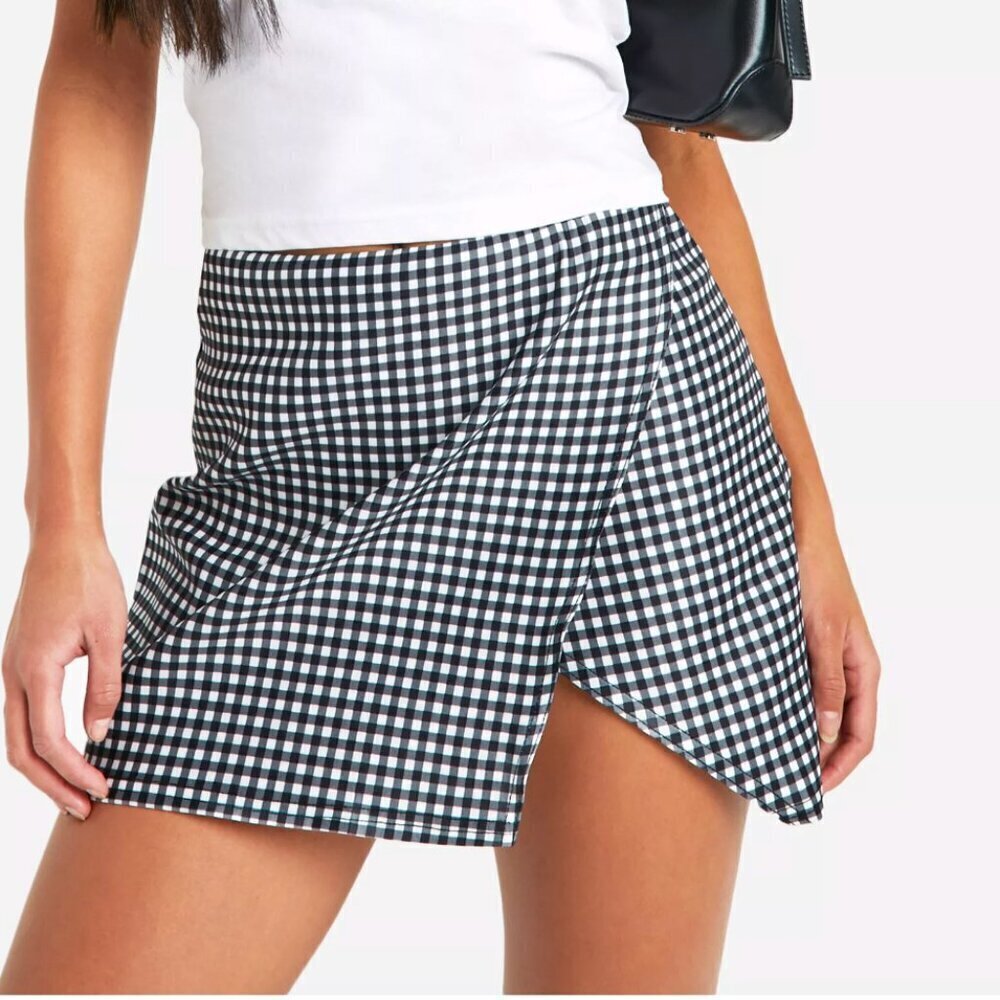 🔴 Boohoo Bengaline Gingham Wrap Split Skirt - Size 8 - NWT - Picture 1 of 10